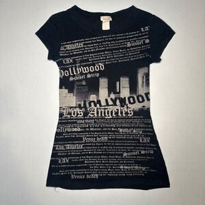 Davida Los Angeles Graphic Shirt Womens XS Slim Black Hollywood Sunset Strip Y2K